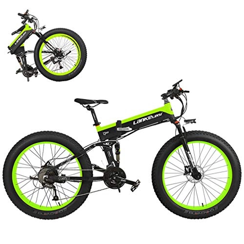 Folding Electric Mountain Bike : Yd&h Foldable Electric Mountain Bike, 26 Inch Fat Tire Beach Snow Electric Bicycle with Removable 48V 12.8Ah Lithium Battery, Motor 400W, 27 Speed Gear And Three Working Modes, Green