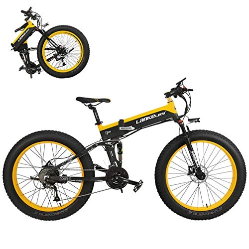 Folding Electric Mountain Bike : Yd&h Foldable Electric Mountain Bike, 26 Inch Fat Tire Beach Snow Electric Bicycle with Removable 48V 12.8Ah Lithium Battery, Motor 400W, 27 Speed Gear And Three Working Modes, Yellow