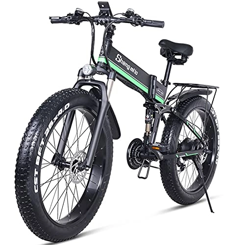 Folding Electric Mountain Bike : YGRQQR Folding Electric Bike For Adults, 21 Speed Electric Mountain Bicycle, with Removable 48V 12.8Ah Battery, Double Shock Absorption 1000w (Cor : Green)