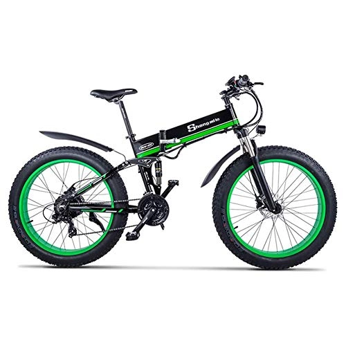 Folding Electric Mountain Bike : YSNJG 1000W Electric Bike 21 Speeds 26 inch Fat Tire Road Bicycle Beach / Snow Bike with Hydraulic Disc Brakes (Green)