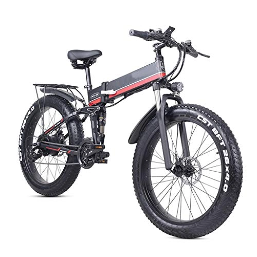 Folding Electric Mountain Bike : YUN&BO Folding Electric Mountain Bike, 26-Inch Full Suspension Assist E-Bike with 48V 8AH Lithium Battery, Off-Road Bicycle for Outdoor Cycling Travel, Black