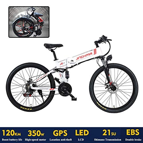 Folding Electric Mountain Bike : YXYBABA 26'' Folding Electric Mountain Bicycle with Samsung Large Capacity Lithium-Ion Battery 48V 10AH 350W, Electric Bike 21 Speed Gear And Three Working Modes with GPS Positioning System, White