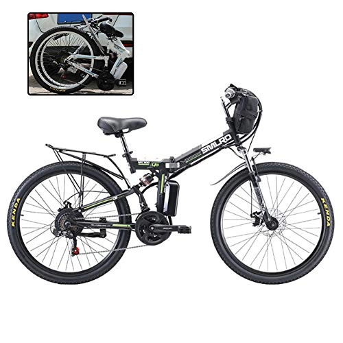 Folding Electric Mountain Bike : YXYBABA Electric Bike Electric Mountain Bike with 26" Super Lightweight Magnesium Alloy with 350W Motor 48V 8Ah Lithium-Ion Battery Premium Full Suspension And 21 Speed Shimano Gears, Black