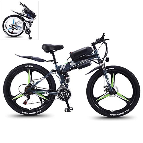 Folding Electric Mountain Bike : YZT QUEEN Electric Bikes, 21-Speed High-Carbon Steel Foldable Electric Mountain Bike All Terrain, 26-Inch 36V 350W Removable Lithium Battery Mountain Bike, Gray, 36V10AH
