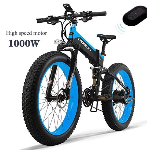 Folding Electric Mountain Bike : ZJGZDCP 26 '' 4.0 Tire Electric Bike 48V 14.5AH All-round E-bike 1000W Engine 27-speed Snow Mountain Electric Bicycle Adult Female / male With Anti-theft Device (Color : Blue)