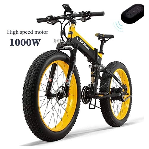 Folding Electric Mountain Bike : ZJGZDCP 26 '' 4.0 Tire Electric Bike 48V 14.5AH All-round E-bike 1000W Engine 27-speed Snow Mountain Electric Bicycle Adult Female / male With Anti-theft Device (Color : Yellow)