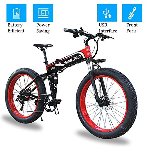 Folding Electric Mountain Bike : ZJGZDCP 26 Inch Fat Tire Electric Bikes 48V 350W Folding Motor Electric Bicycle with LCD Display and USB Interface for Men Adult Outdoor Cycling Trabing (Color : RED, Size : 36V-10Ah)