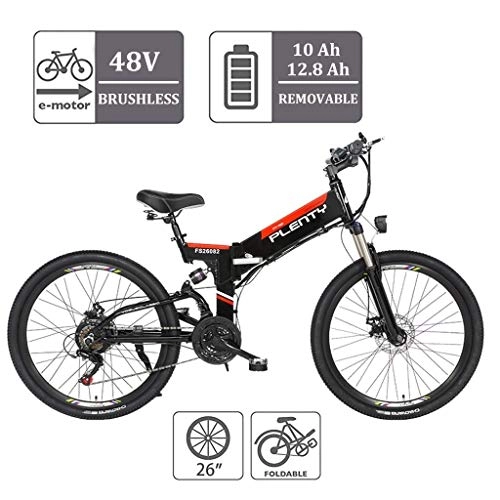 Folding Electric Mountain Bike : ZJGZDCP 26inch Folding Electric Bike With 48V 12.8Ah Removable Lithium-Ion Battery Ebike Three Riding Mode 350W Motor And E-ABS Double Disc Brake Electric Bicycle (Color : BLACK, Size : 10AH-480WH)