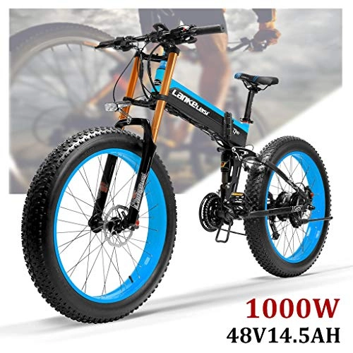 Folding Electric Mountain Bike : ZJGZDCP 26inch New Electric Mountain Bike 1000W Powerful Motor 48V 14.5Ah Li-ion Battery Upgraded To Downhill Fork Snow Bikes (Color : BLUE, Size : 1000W-14.5Ah)