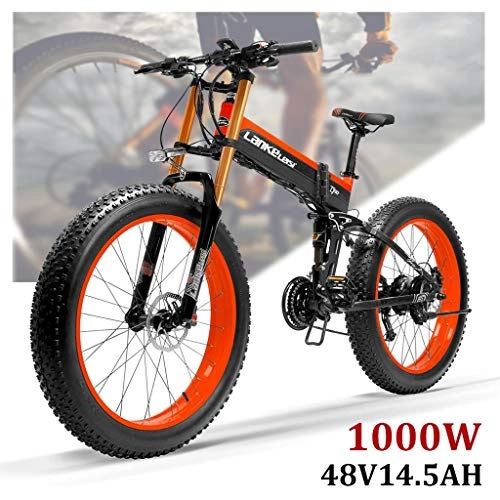 Folding Electric Mountain Bike : ZJGZDCP 26inch New Electric Mountain Bike 1000W Powerful Motor 48V 14.5Ah Li-ion Battery Upgraded To Downhill Fork Snow Bikes (Color : RED, Size : 1000W-14.5Ah)