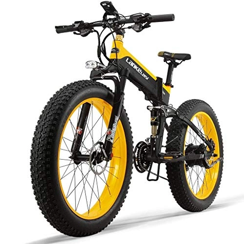 Folding Electric Mountain Bike : ZJGZDCP 48V 14.5AH 1000W Engine All-round Electric Bike 26inch 4.0 Wholesale Tire Electric Bike 27-speed Snow Mountain Folding Electric Bike Adult Female / male (Color : Yellow)