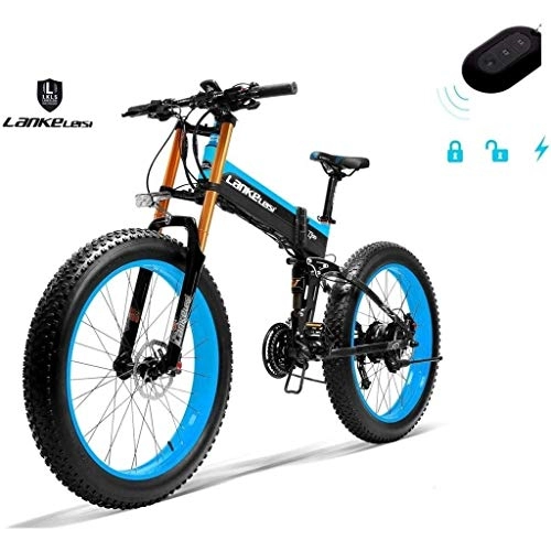 Folding Electric Mountain Bike : ZJGZDCP Adult Fat Tire Electric Bike 26inch 48V 14.5AH Folding Electric Bicycle City Commuter Mountain Bike Snow Bikes for Adult Female / Male (Color : Blue)