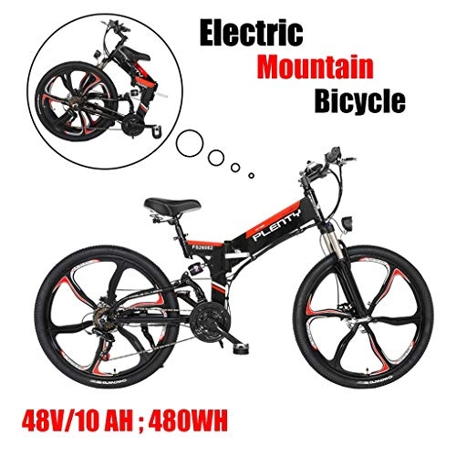 Folding Electric Mountain Bike : ZJGZDCP Adult Folding Electric Mountain Bike Super Lightweight Electric Bike Premium Full Suspension Electric Bike 480W Powerful Motor 48V 10Ah Removable Battery (Color : Black)