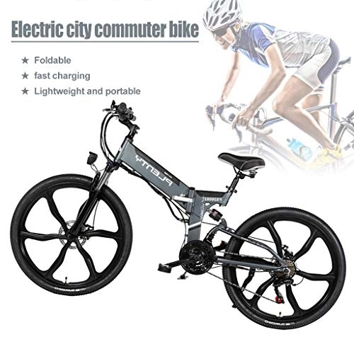 Folding Electric Mountain Bike : ZJGZDCP Adults 480W Electric Bicycle Folding Electric Bike High Speed Brushless Gear Motor With Removable 48V10A Lithium Battery 7-Speed Gear Speed E-Bikefor Man Women (Color : Grey)