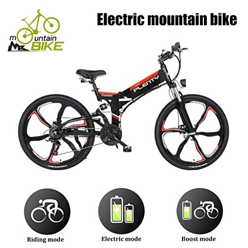 Folding Electric Mountain Bike : ZJGZDCP Beach Snow Electric Mountain Bike Removable 48V / 12Ah Battery Integrated With Frame 7-Speed Front Suspension Tektro Dual Disc Brakesfor Sport Cycling (Color : Black)