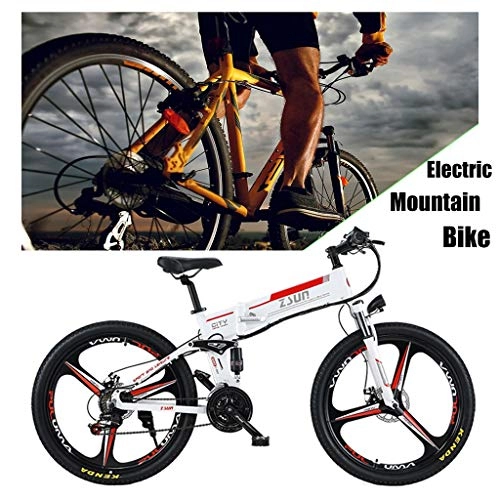 Folding Electric Mountain Bike : ZJGZDCP Folding Electric Mountain Bike Electric Bicycle Adult Dual Disc Brakes Suspension Mountainbike Aluminum Alloy Frame Smart LCD Meter 7 Speed Gears (48V350W) (Color : White)