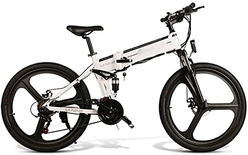 Folding Electric Mountain Bike : ZMHVOL Ebikes, Electric Bicycle Lithium Battery Folding Power Supply Cross-Country Mountain Bike Lightweight Smart Commuter Fitness 48V ZDWN (Color : White)