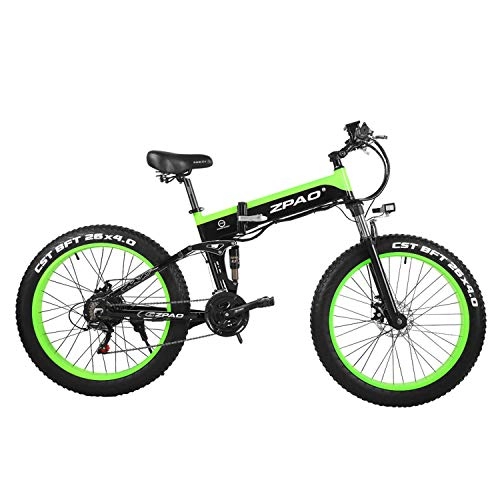 Folding Electric Mountain Bike : ZPAO 26 Inch 48V 500W Folding Mountain Bike, 4.0 Fat Tire Electric bike, Handlebar Adjustable, LCD Display with USB Plug (Black Green, 12.8Ah + 1 Spare Battery)