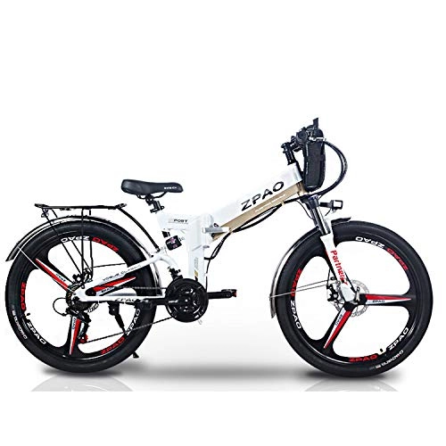 Folding Electric Mountain Bike : ZPAO KB26 21 Speed Folding Electric Bicycle, 48V 10.4Ah Lithium Battery, 350W 26 Inch Mountain Bike, 5 Level Pedal Assist, Suspension Fork (White Double Battery, Standard)