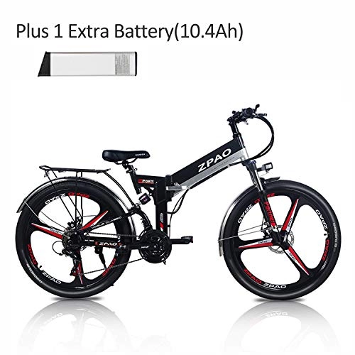 Folding Electric Mountain Bike : ZPAO KB26 26 Inch Folding Electric Bicycle, 48V 10.4Ah Lithium Battery, 350W Mountain Bike, 5 Grade Pedal Assist, Suspension Fork (Black-I Plus 1 Extra Battery)