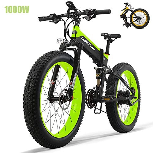 Folding Electric Mountain Bike : ZWDM Fat Tires Folding Electric Bikes for Adults 26'' Mountain Electric Bicycle 48V 13Ah Ebikes with 27 Speed Gear 1000W Fast Battery Charger Electric Lock, Green