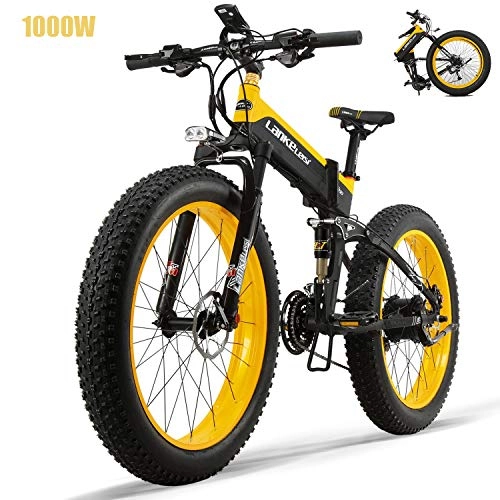 Folding Electric Mountain Bike : ZWDM Fat Tires Folding Electric Bikes for Adults 26'' Mountain Electric Bicycle 48V 13Ah Ebikes with 27 Speed Gear 1000W Fast Battery Charger Electric Lock, Yellow