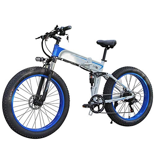Folding Electric Mountain Bike : ZYC-WF Electric Folding Bike Fat Tire 26", City Mountain Bicycle, Assisted E-Bike Lightweight with 350W Motor, 7 Speed Shifter Accelerator, with LCD Screen, Blue, Blue