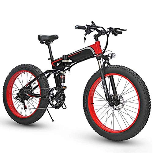 Folding Electric Mountain Bike : ZYC-WF Folding Electric Bikes for Adults Mountain Bike 7 Speed Steel Frame 26 Inches Wheels Dual Suspension Folding Bike E-Bike Lightweight Bicycle for Unisex, Red, Red