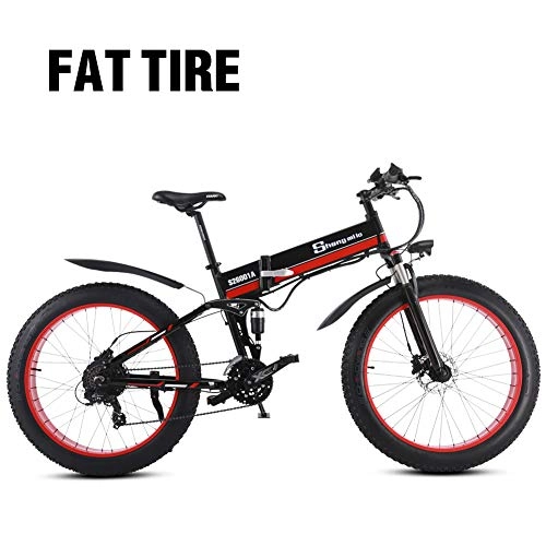 Folding Mountain Bike : 1000W Fat Electric Bike 48V Mens Mountain E bike 21 Speeds 26 inch Fat Tire Road Bicycle Snow Bike Pedals with Hydraulic Disc Brakes and Full Suspension Fork (Removable Lithium Battery)