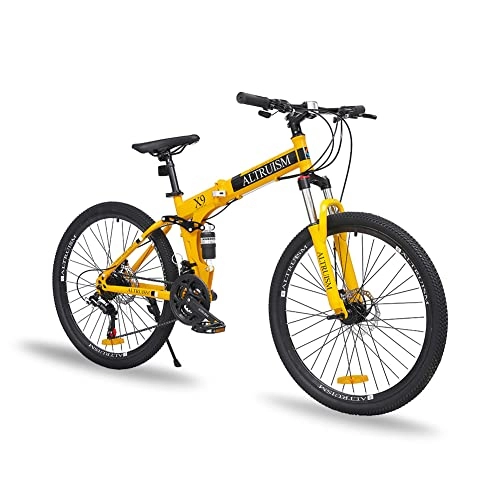 Folding Mountain Bike : 2022 New ALTRUISM X9- Mountain Bike 26Inch For Men Dual Disc Brake Shock Absorption MTB Bicycle 21-Speed Folding Mountain Bike Unisex Upgraded Ver. (Yellow)