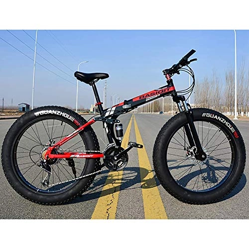 Folding Mountain Bike : 21 Speed Mountain Bike 26 * 4.0 Fat Tire Bikes Shock Absorbers Bicycle Snow Bike, Folding Variable Off-Road Beach Snowmobile 4.0 Super Wide Tires, Red, 24