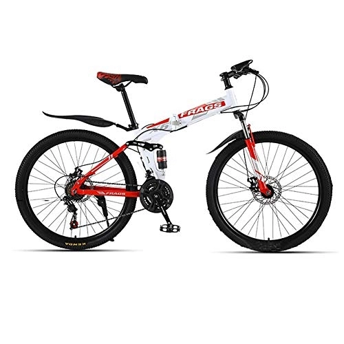 Folding Mountain Bike : 21-Speed Variable Speed Bicycle, 26 Inch Adult Mountain Bike, Folding Outroad Bicycles, Rear Shock Design, Adult MTB (White Red) fengong