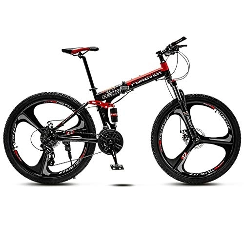 Folding Mountain Bike : 21 Variable Speed Adult Off-Road Mountain Bike Men And Women Bicycle Folding Variable Speed Double Shock Absorber Student Racing, Black And Red, 24
