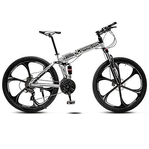 Folding Mountain Bike : 21 Variable Speed Six Cutter Wheel Adult Off-Road Mountain Bike Men And Women Bicycle Folding Variable Speed Double Shock Absorber Student Racing, Black And White, 26