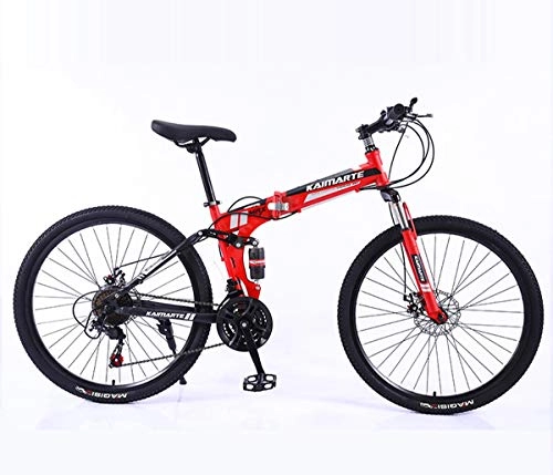 Folding Mountain Bike : 24 / 26 inch adult bicycle foldable mountain bike MTB, full suspension MTB bicycle for men and ladies fitness outdoor leisure cycling, 21 / 24 / 27 speed (Color : Red, Size : 24inch 27 Speed)