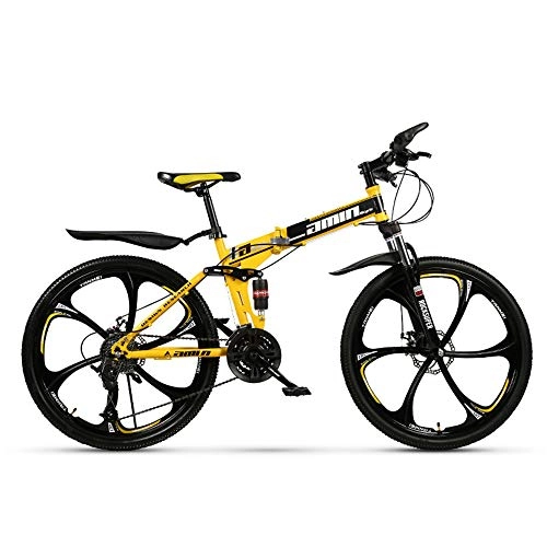 Folding Mountain Bike : 24 Inch Adult Mountain Bike, Mountain Trail Bike High Carbon Steel Folding Outroad Bicycles, Bicycle Full Suspension MTB Gears Dual Disc Brakes Mountain Bicycle, Yellow, 27Speed