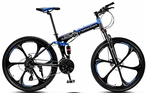 Folding Mountain Bike : 24 Inch Folding Bike Adult Mountain Bike with 21 Speed High Carbon Steel Framew, Anti-Slip Double Disc Brake Full Suspension Mountain Bicycle for Men &Amp; Women Outdoor Sports Blue, 24 inches