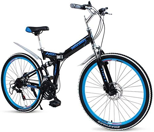 Folding Mountain Bike : 24 Inch Folding Mountain Bike Adult Road Variable Speed Bicycle High Carbon Steel Soft Tail Frame Double Disc Brake Double Shock Absorption-Blue
