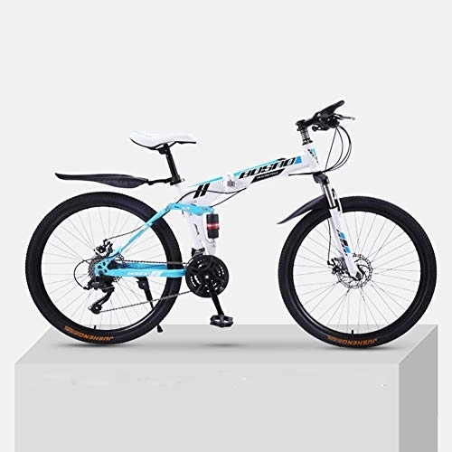 Folding Mountain Bike : 24-Inch Folding Mountain Bike, Full Suspension Bike, High Carbon Steel Frame, Double Disc Brakes, PVC Pedals And Rubber Grips, white and blue 21 shift