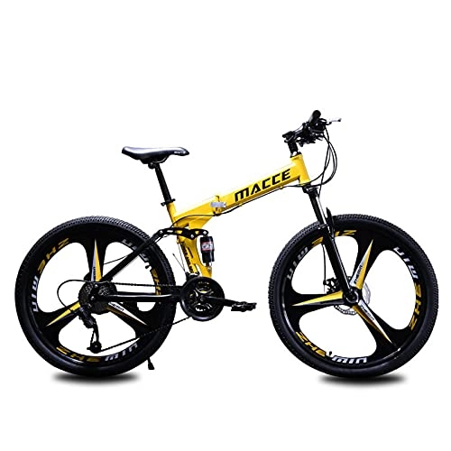 Folding Mountain Bike : 24 Inch Folding Mountain Bike, Thicker Carbon Steel Pipe Wall, Firm Frame, 21 / 24 / 27 Speed MTB, 3 / 6 / Full Spoke Optional, Suitable for People With Outdoor Sports Exerc Yellow-3 spoke 24sp