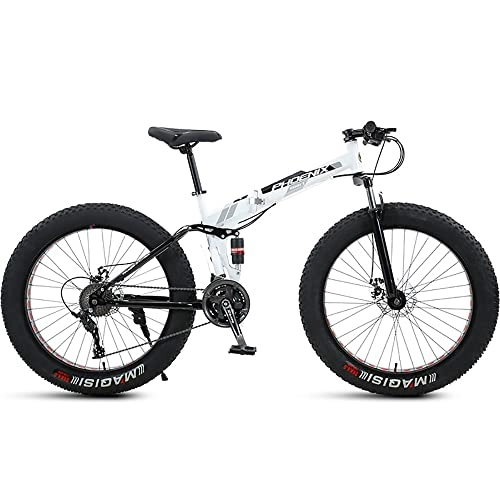 Folding Mountain Bike : 24 Inch Folding Mountain Bike with Full Suspension High Carbon Steel Frame, Mens Fat Tire Mountain Bik with 7 / 21 / 24 / 27 / 30 Speed, Double Disc Brake and 4-Inch Wide Knobby Tires