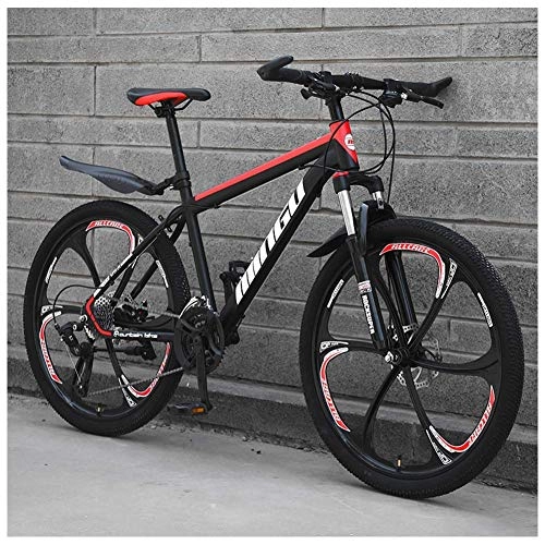 Folding Mountain Bike : 24 Inch Mountain Bikes, Mens Women Carbon Steel Bicycle, 30-Speed Drivetrain All Terrain Mountain Bike with Dual Disc Brake, 21Vitesses, Black Red 6 Spoke