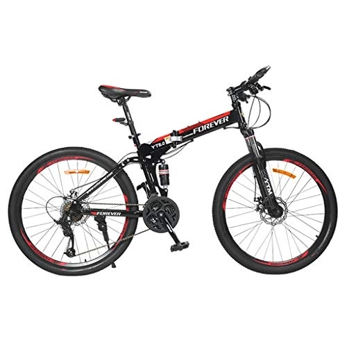 Folding Mountain Bike : 24 Inches Men's Women Foldable Mountain Bike, MTB Bicycle with Spoke Wheel Adjustable Seat, Black&Red, 24 speed