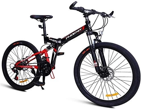 Folding Mountain Bike : 24-Speed Mountain Bikes, Folding High-carbon Steel Frame Mountain Trail Bike, Dual Suspension Kids Adult Mens Mountain Bicycle, (Color : Red, Size : 24Inch)