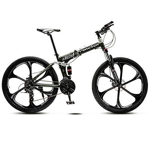 Folding Mountain Bike : 24 Variable Speed Six Cutter Wheel Adult Off-Road Mountain Bike Men And Women Bicycle Folding Variable Speed Double Shock Absorber Student Racing, Army Green, 26