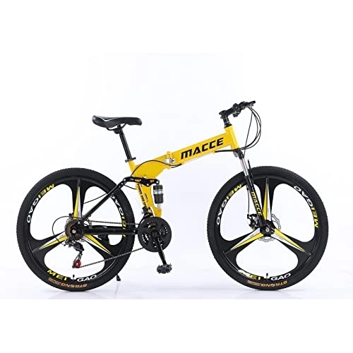 Folding Mountain Bike : 24inch 27 Speed Folding Mountain Bike high Carbon Steel, Full Suspension MTB Bike, Suitable for Adults, Double disc Brake Outdoor Mountain Bike, Men and Women (24inch for Height 140-170cm, Yellow)