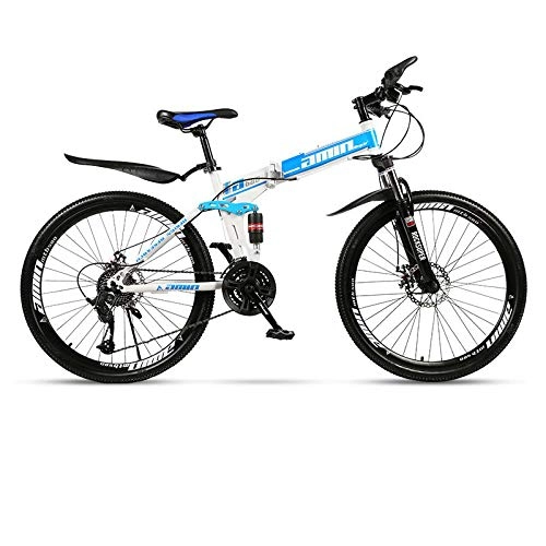 Folding Mountain Bike : 26 / 24 Inch Spoke Disc Brake Mountain Bike for Men and Women, Variable Speed Mountain Bike, Mountain Bike with Adjustable Front Seat Suspension, Multi-speed Road Bike (26inch 30-speeded, White blue)