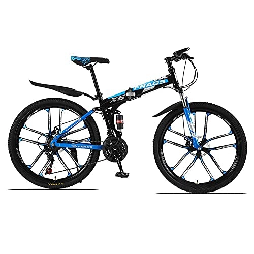 Folding Mountain Bike : 26 Inch 21-Speed Mountain Bike， Folding Mountain Bicycle， Rear Shock Design， Double Disc Brakes， Off-Road Variable Speed Racing Men And Women， Multiple Color Options fengong (Color : White blue)