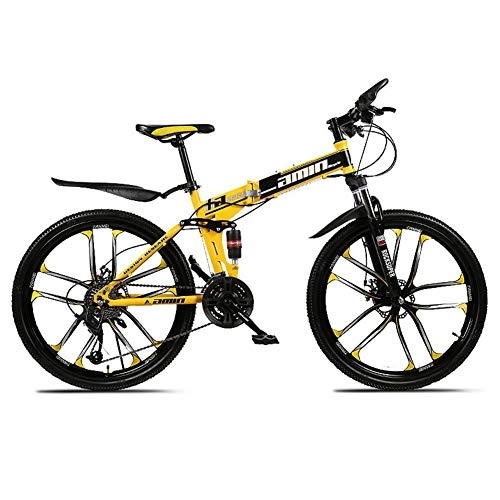 Folding Mountain Bike : 26 Inch Double Disc Brakes Mountain Bike, Folding Outroad Bicycle for Teens, Adults, Men, Women, Adult MTB with Adjustable Seat, 10 Cutter, Black and Yellow, 27 inches
