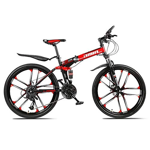 Folding Mountain Bike : 26 Inch Double Disc Brakes Mountain Bike, Folding Outroad Bicycle for Teens, Adults, Men, Women, Adult MTB with Adjustable Seat, 10 Cutter, Black red, 27 inches